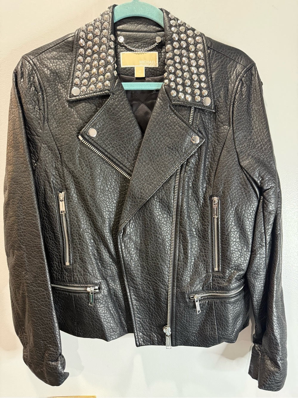 Michael Kors Black Studded Collar Pebbled Leather Moto Jacket
